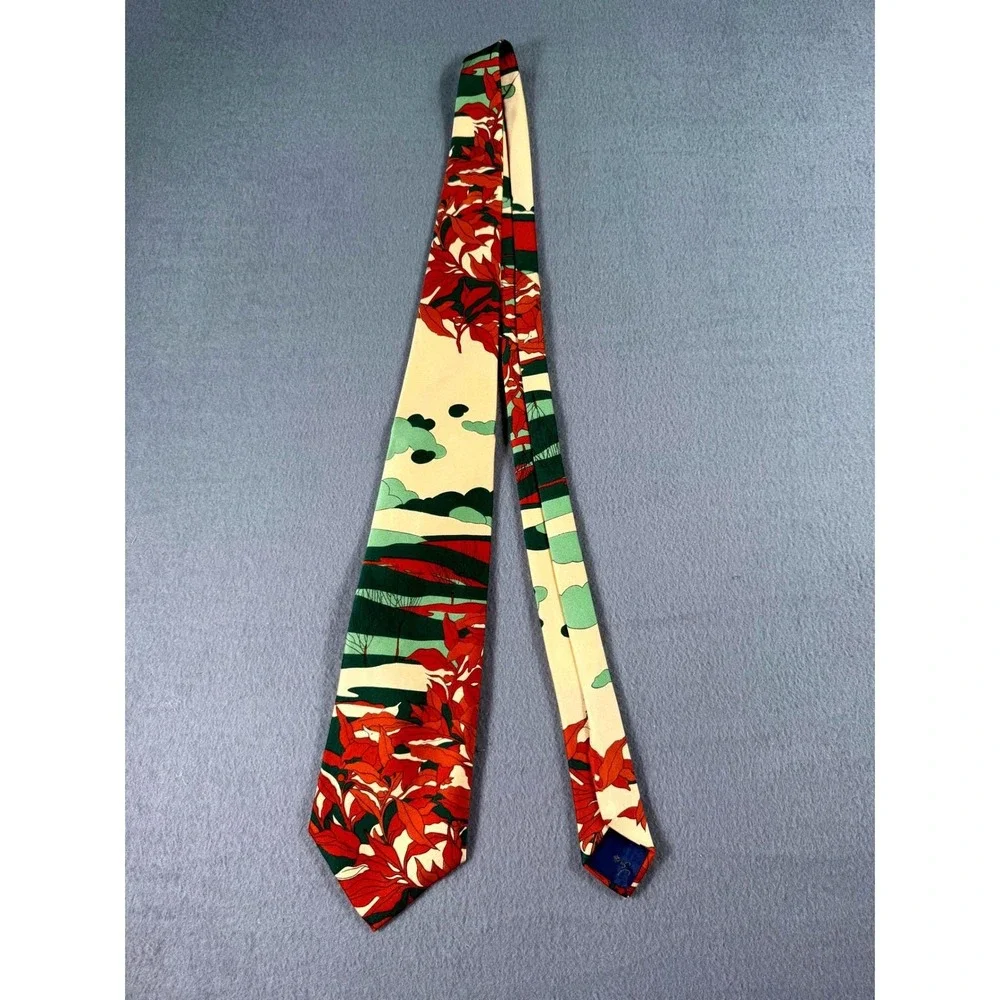 Vintage Prince Igor by Burma Silk Tie Tropical Leaf Print Green Red Neckwear 80s